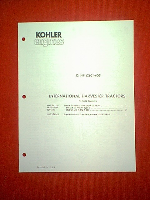 KOHLER 12 HP HORIZONTAL SHAFT ENGINE MODEL K301AQS PARTS MANUAL