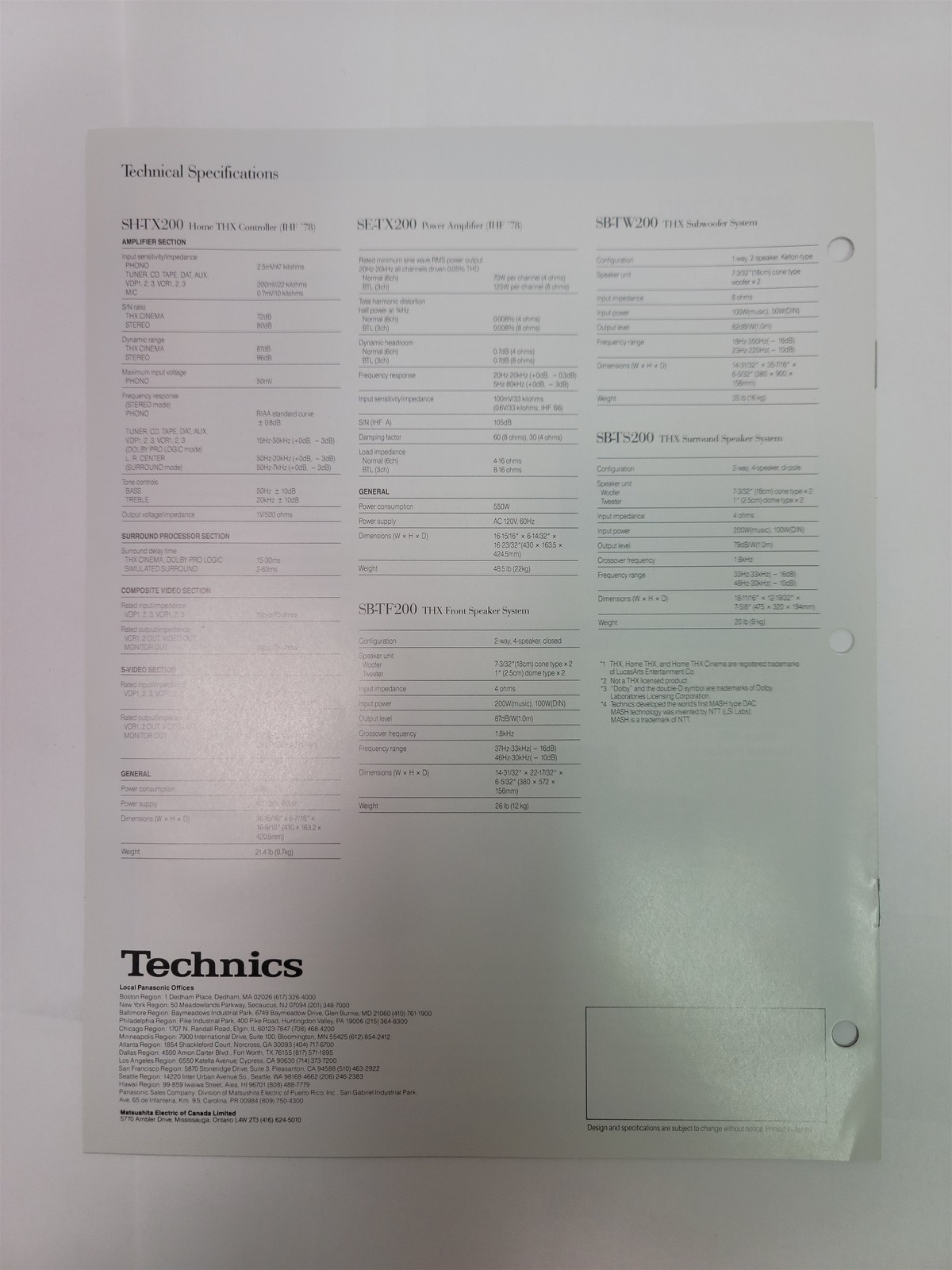 1990’s Technics SC-TH200 Home THX Audio System Brochure Specs Lucasfilm SH-TX200
