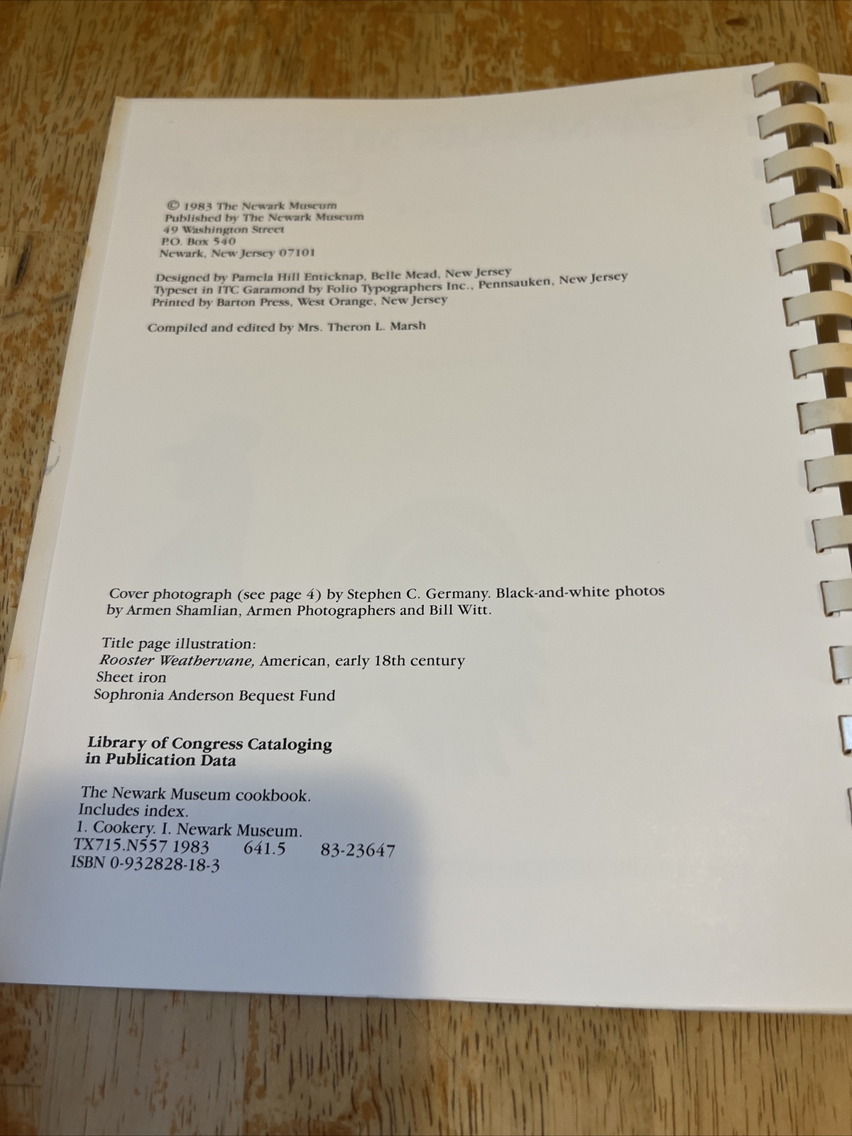 1983 The Newark Museum Cookbook New Jersey Spiral 174 Pages