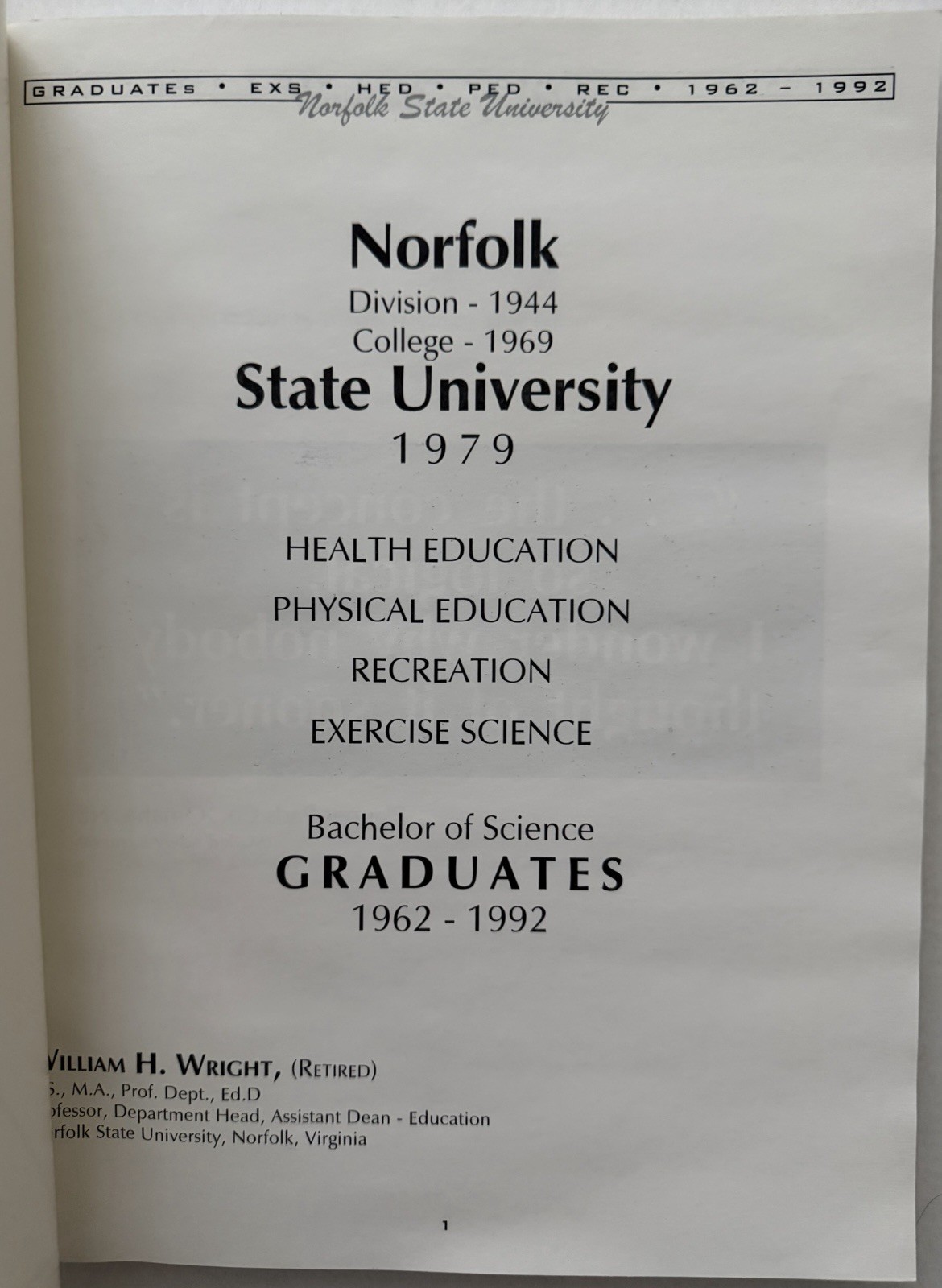 1962 – 1992 NORFOLK STATE UNIVERSITY EXS HED PED REC GRADUATES BOOK 174 PAGES