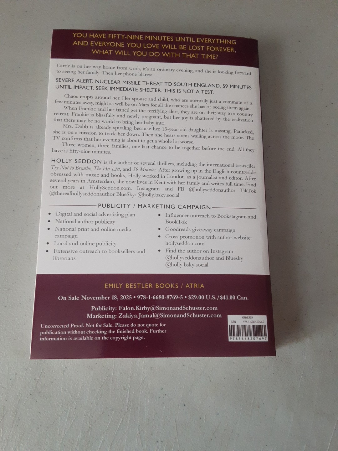 59 Minutes by Holly Seddon (Paperback, 2025) ARC 11/18/25, Brand New