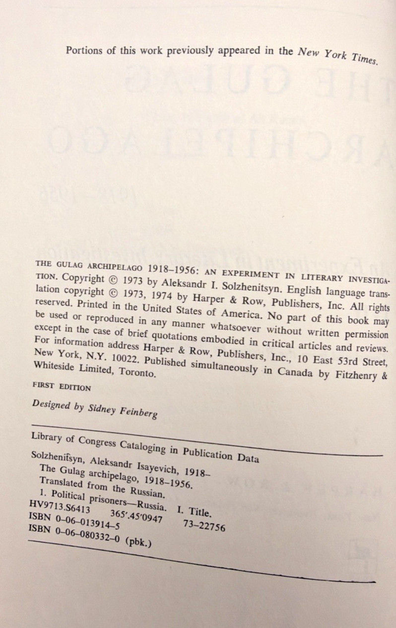 The Gulag Archipelago Aleksandr I. Solzhenitsyn First Edition HCDJ Book 1973