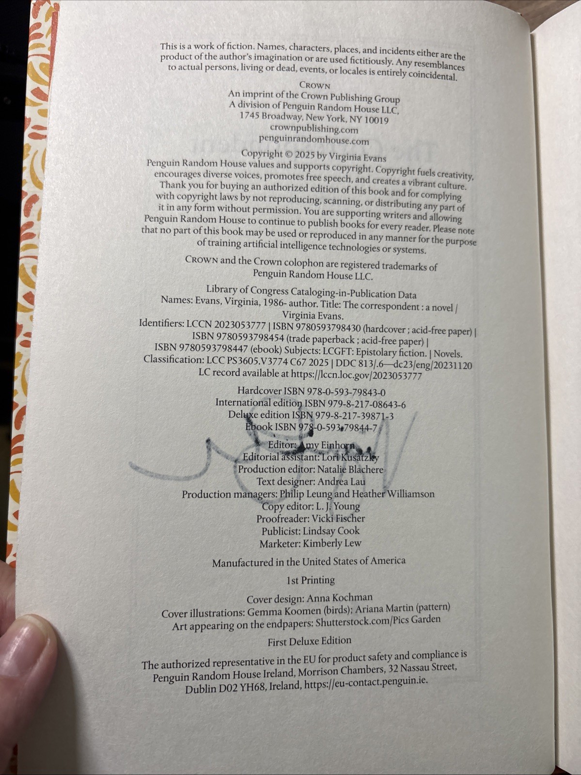 SIGNED Virginia Evans “The Correspondent” 2026 First Deluxe Edition HC 1st Print